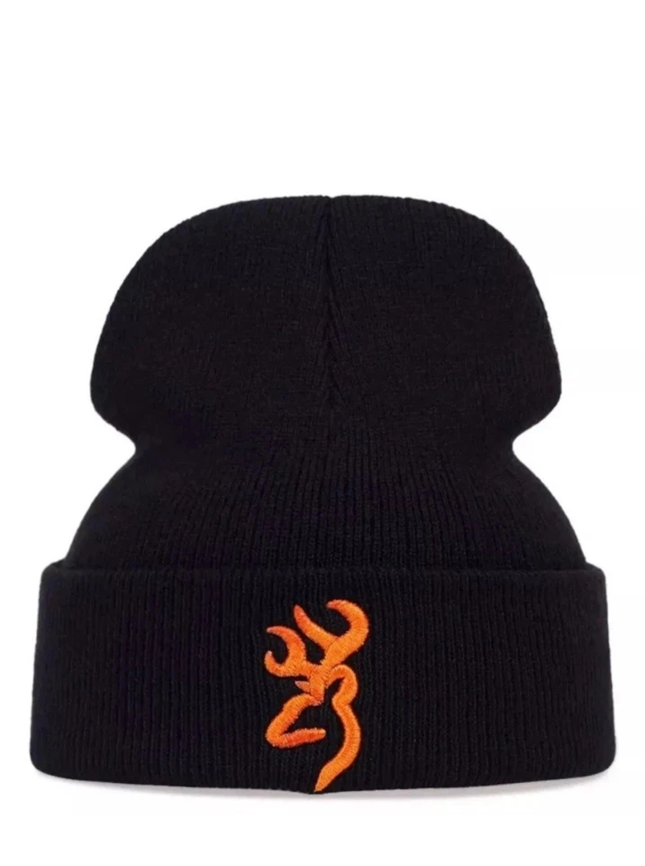 Gorro negro bordado con logotipo marrón tejido con puños elástico cálido calavera Foto 2 de 4