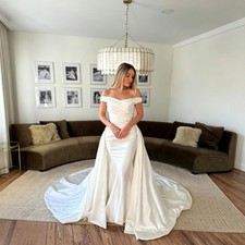 Mermaid Off The Shoulder Satin Wedding Dresses With Detachable Train Bridal Gown