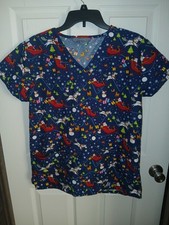 Serene Uniforms Womens Small Scrub Top Blue Christmas Santa Claus Unicorns