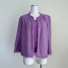 St John Jacket Set 12 Purple Twinset Tweed Wool Knit Tank Top Blazer Fringe