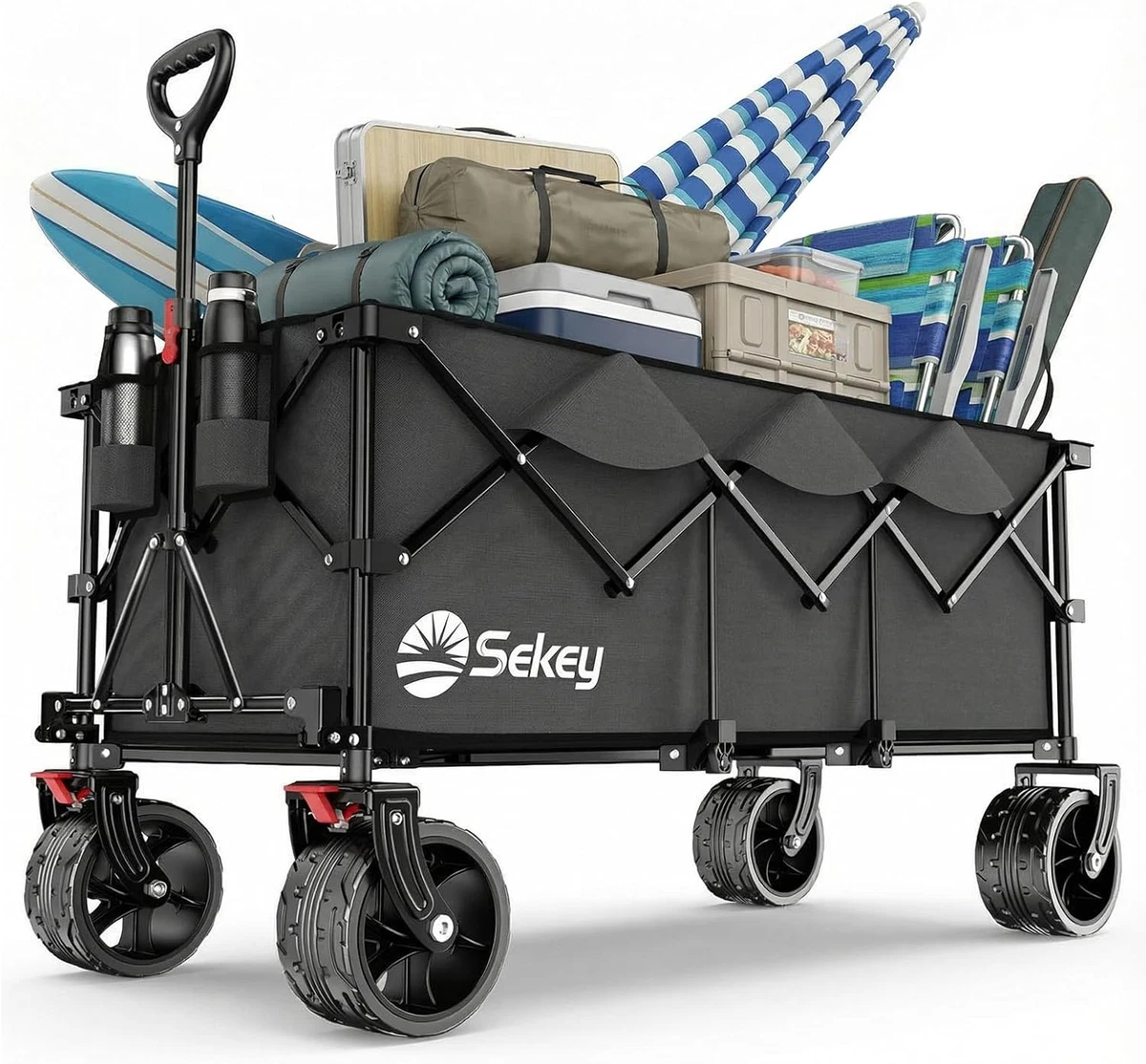 Carrello Pieghevole per Spiaggia con 4 Ruote Sacchetti Portaoggetti Capacità Carico Max