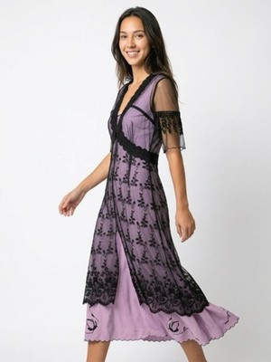 Belle Poque Women 1900s Edwardian Titanic Tea Party Dress L Lilac/Black Lace