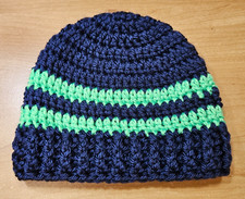 Beanie 3 - 6 Months Baby Boy Hat Handmade Crochet Blue Green Stripes Seahawks