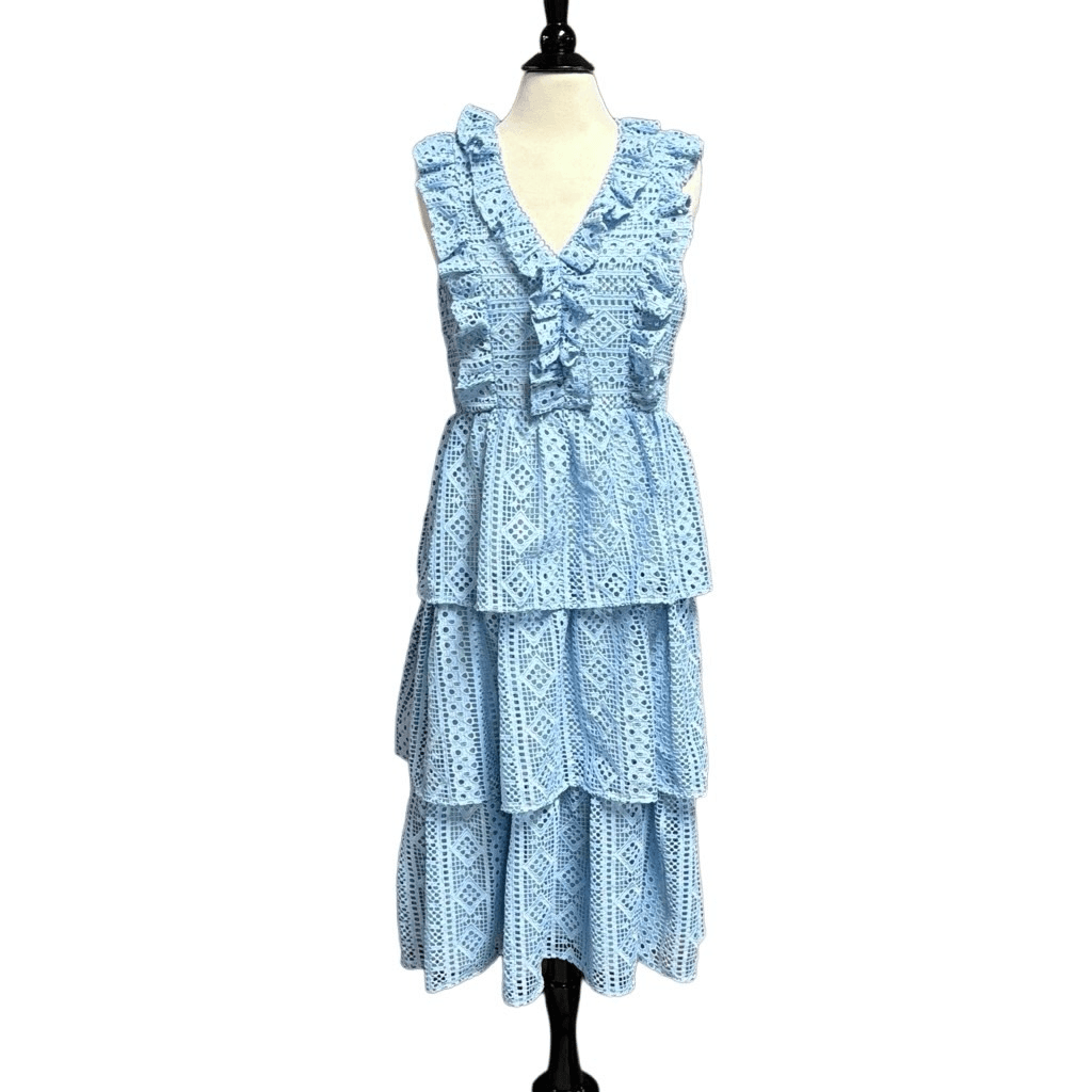 Endless Rose Blue Allover Lace Ruffle Tiered Mid Dress Size Large NEW | eBay