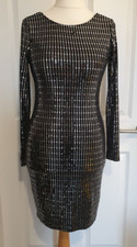 LIPSY LONDON BLACK SILVER SEQUINNED LONG-SLEEVED FITTED PARTY DRESS SIZE 12