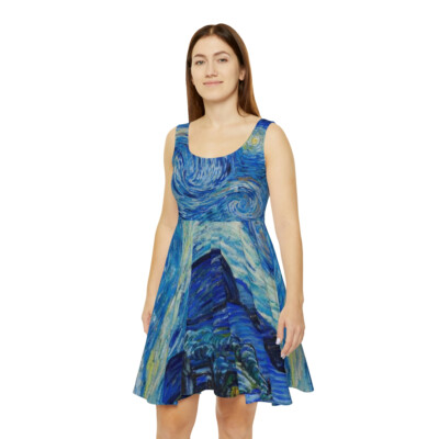 blue van gogh dress VINCENT STARRY NIGHT Art Painting WOMEN'S SKATER in design garment_Dresses Prom dress Velvet Vintage Dresses for Color:Ivory