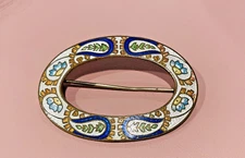 Vintage Art Nouveau Style Oval Enamel Flowers Leaves Pin Clasp Loose