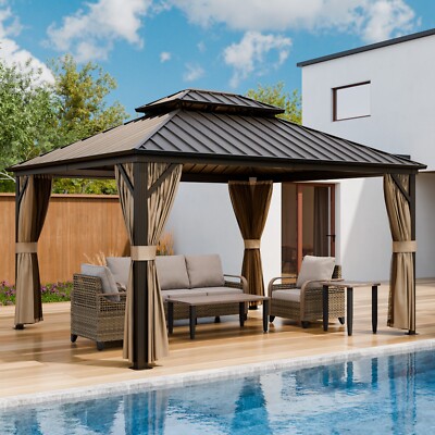 EAGLE PEAK 12x14 Hardtop Aluminum Gazebo with Netting and Curtains