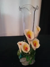 Unique Calla Lilly decorated 7" Flower bud vase with ruffled glass top