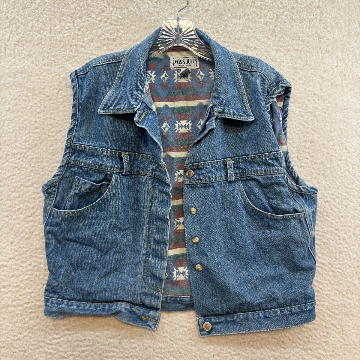 90s Vintage Denim Vest Large Womens Western Southwestern Aztec