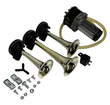 UNIVERSAL LOUD TRIPLE TRAIN AIR HORN COMPRESSOR KIT CAR/TRUCK 12V - SOUND VIDEO