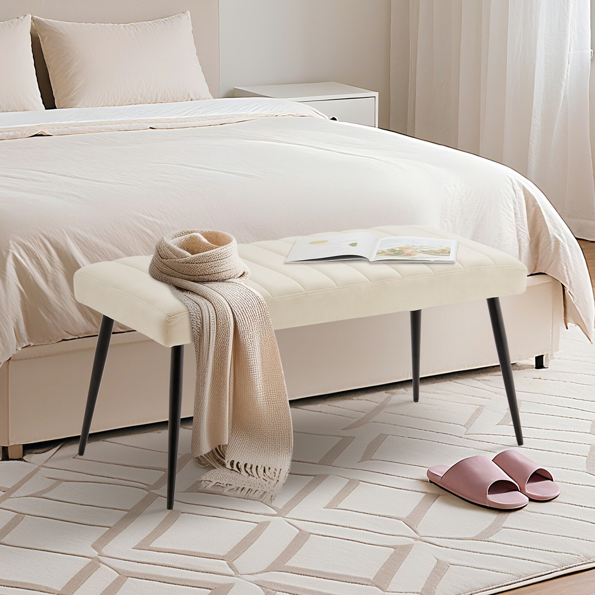 Upholstered Hallway Bench End of Bed Bench for Bedroom Beige UK