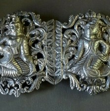 vintage SILVER 4.7" 85g BIG ornate goddess belt buckle -N295