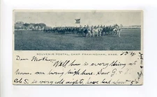 Framingham MA Military Camp soldiers, horseback, flag, living high here postcard