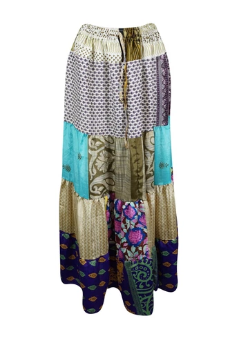 Womens Maxi Skirt, Floral Patchwork Recycle Silk Skirts S/M