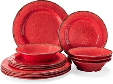 Farmhouse Plates and Bowls Set 12 Piece Melamine Dinnerware Sets for 4 Red