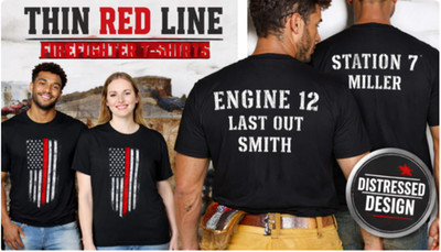 Thin Red Line Shirt Firefighter Tee Custom Back Text USA Flag Graphic