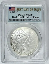 2020 P Basketball Hall of Fame Silver Coin $1 PCGS MS 70 First Day of Issue NBA