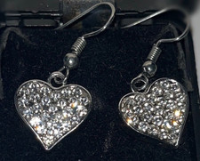 Silvertone Heart Shaped Clear Faux Rhinestone Dangle Pierced Earrings Sparkly