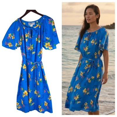 Vtg  Hilo Hattie Midi Dress Medium Hawaiian Tropical Floral Luau Blue Belt  e