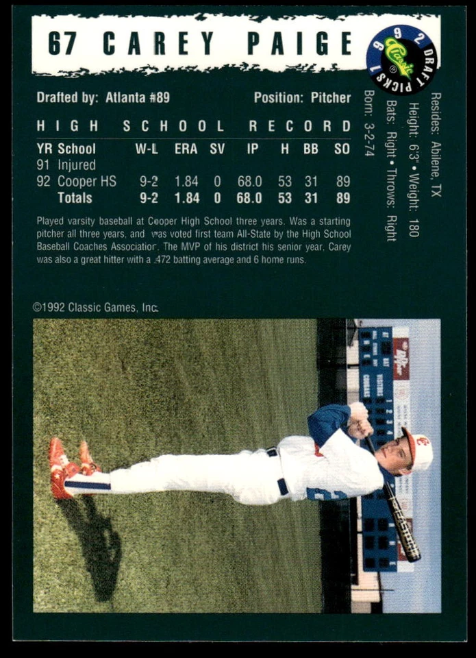 1992 Classic Draft Picks #67 Carey Paige - Image 2 of 2