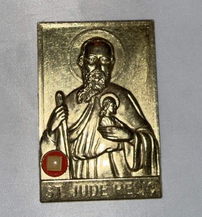 Vintage St Jude Thaddeus Reliquary Brass Plaque Encased Relic Gold