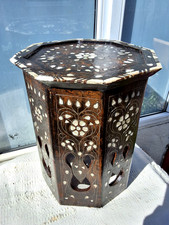ANTIQUE SYRIAN PEDESTAL CARVED WOOD TABLE with MOTHER OF PEARL & STONE INLAY