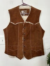 Vtg 70s JCPenney Real Suede Western Vest Sherpa Lined Brown Cowboy Rancher 42/L