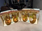 8 VINTAGE RETRO AMBER Drinking GLASSES Orange White WILDFLOWERS TUMBLERS