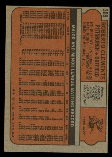 1972 Topps - #309 Roberto Clemente EX - EXMINT SHARP CREASE FREE - Picture 2 of 2