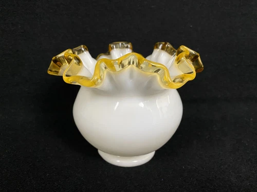 Fenton Milk Glass Gold Yellow Crest Ruffled Bowl Dish Vase Vintage
