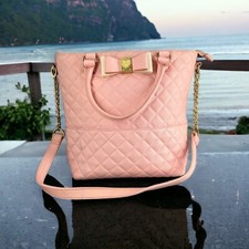 Betsey Johnson Pink Bow Quilted Designer Tote Bag Purse Vegan Leather As Is