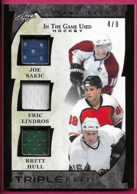 2022-23 Leaf ITG Used Hockey JOE SAKIC / LINDROS / BRETT HULL Triple Jersey 4/8