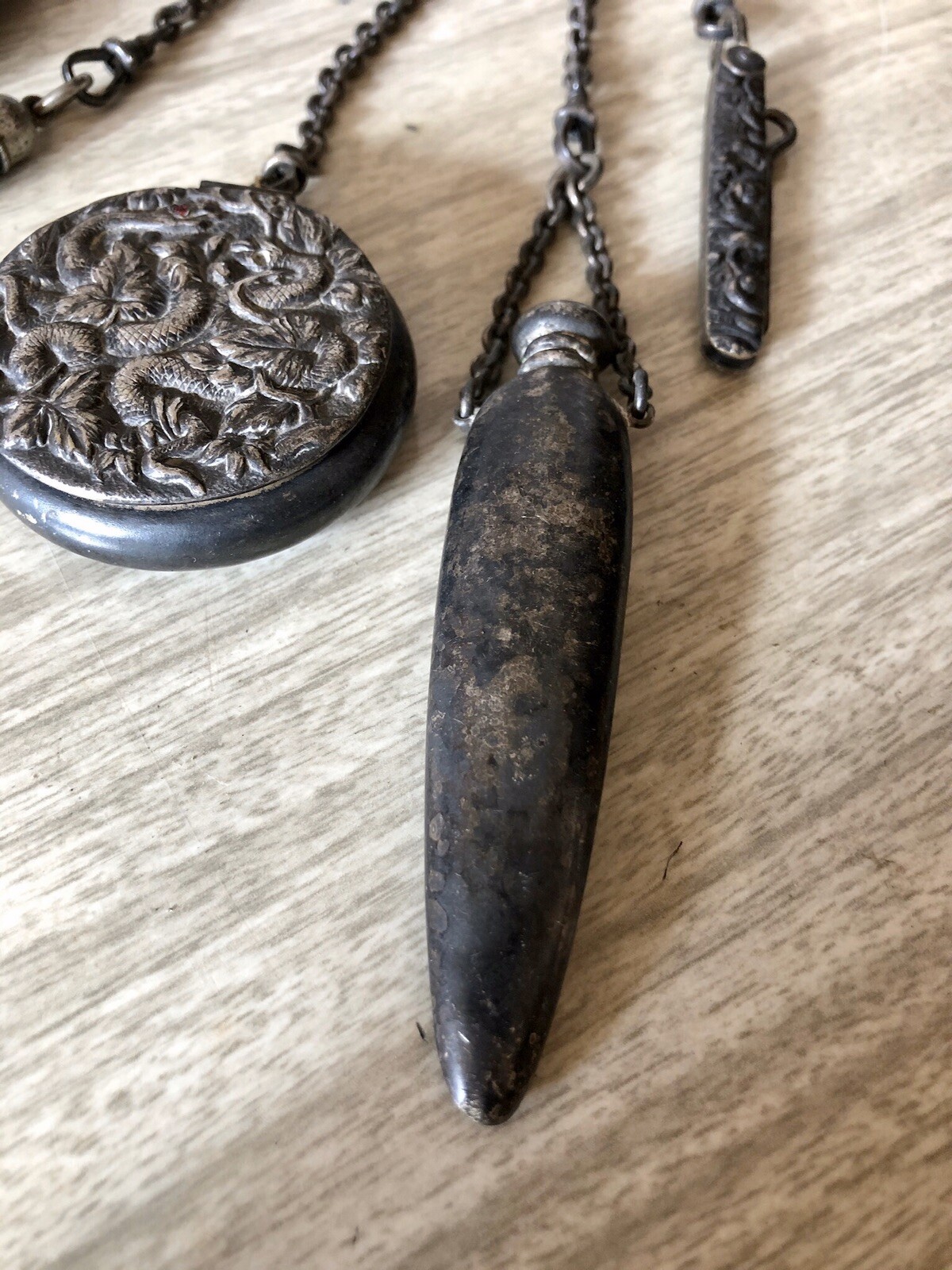 Antique 1880-90 American Silver Chatelaine, 5 Tool, Brooch