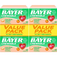 2 Pack Bayer Chewable Aspirin Low Dose 81mg Orange Flavor 108-count Tablet Each on sale 2 Pack Bayer Chewable Aspirin Low Dose 81mg Orange Flavor 108-count Tablet Each on sale