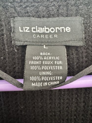 Liz Claiborne Women's Solid Black Faux Fur Vest Knit Open Boho Sassy Large - Picture 5 of 8