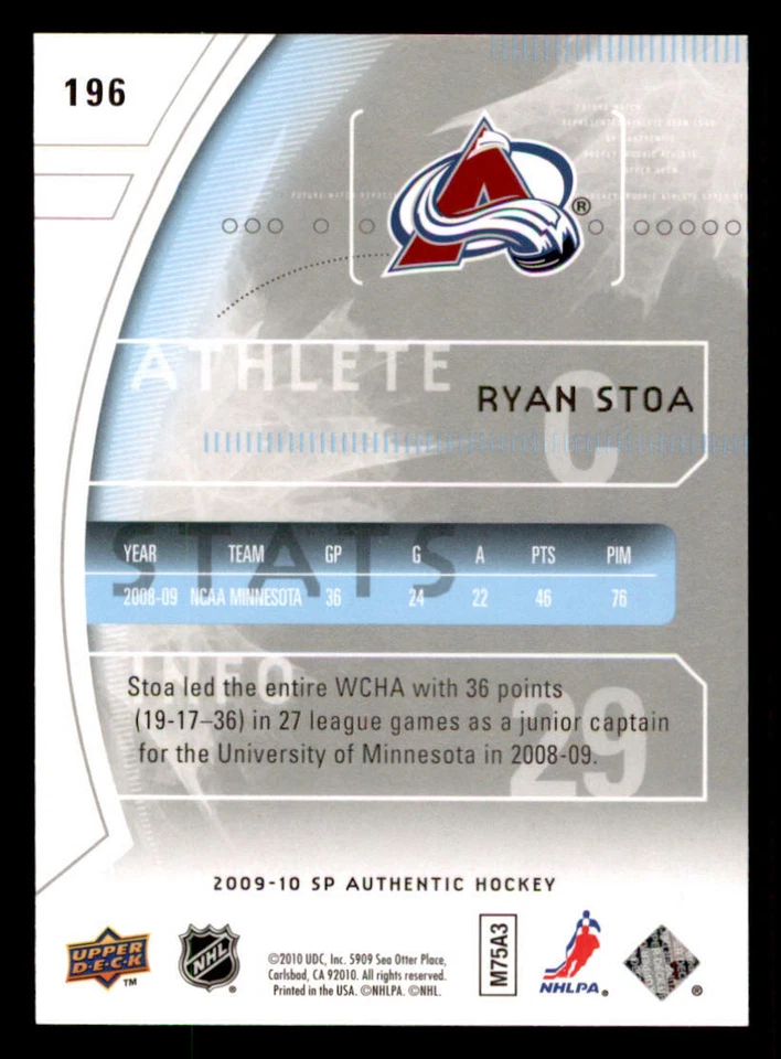 2009-10 SP Authentic #196 Ryan Stoa RC /999 (ref 239829) - Image 2 of 2