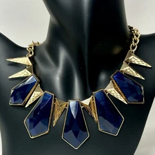 RARE HR2 Holt Renfrew Navy Blue Gold Tone Geometric Costume Statement Necklace
