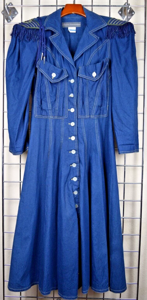 Vintage Dress Karen Alexander Size 10 80s Blue Denim Military Shoulders Made USA - Image 2 of 4