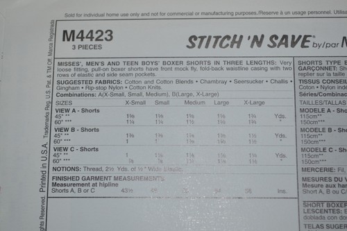 Stitch 'n Save by McCalls M4423 sewing pattern, unisex boxer shorts size L-XL - Picture 3 of 4