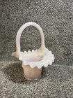 Fenton Glass 7" Basket Pink Opalescent Pearl Iridescent Cabbage Rose VTG