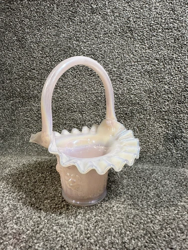 Fenton Glass 7" Basket Pink Opalescent Pearl Iridescent Cabbage Rose VTG