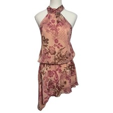 Ecote Delphine Asymmetric Halter Mini Dress Women M Pink Rose Floral Boho Y2K