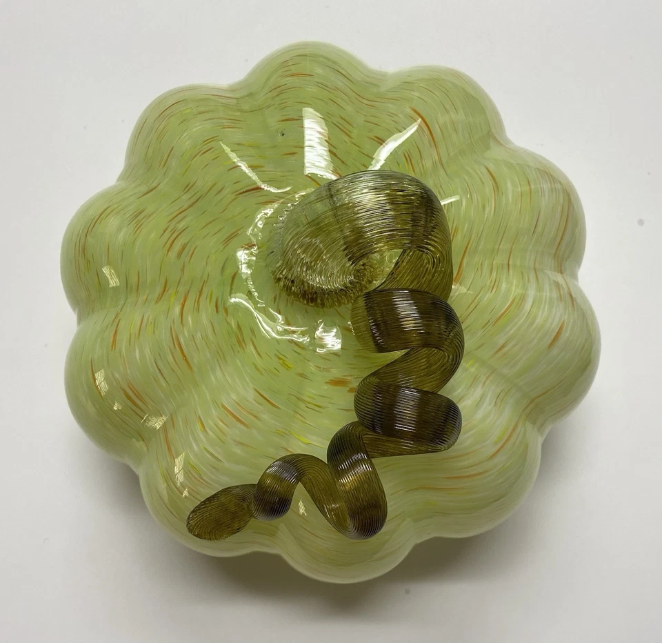 Hand Blown Art Glass Pumpkin Orange Green Flecks Twisted Reeded Clear Stem 9” - Image 4 of 4