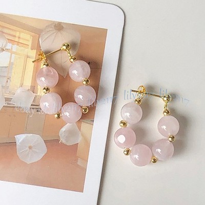 8mm Natural Pink Rose Quartz Round Gemstone Beads Dangle Stud Hoop Earrings