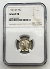 1934-D Mercury Dime 10C NGC MS65 FB Full Bands Silver US Coin Winged Liberty BM1