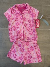 NWT Barbie Pink 2 Piece Floral Short Sleeve Shorts Pajama Set Girls Size S 6/6X