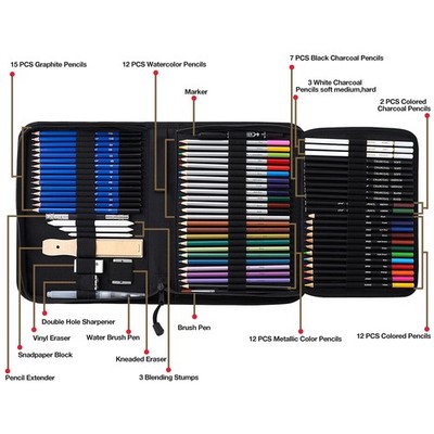 76-Piece Drawing Set with Sketchbook, Colored Pencils, and