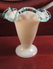 Vintage Fenton Opaline Glass Vase with Aqua/Blue Crest Ruffled Edge