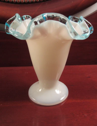 Vintage Fenton Opaline Glass Vase with Aqua/Blue Crest Ruffled Edge